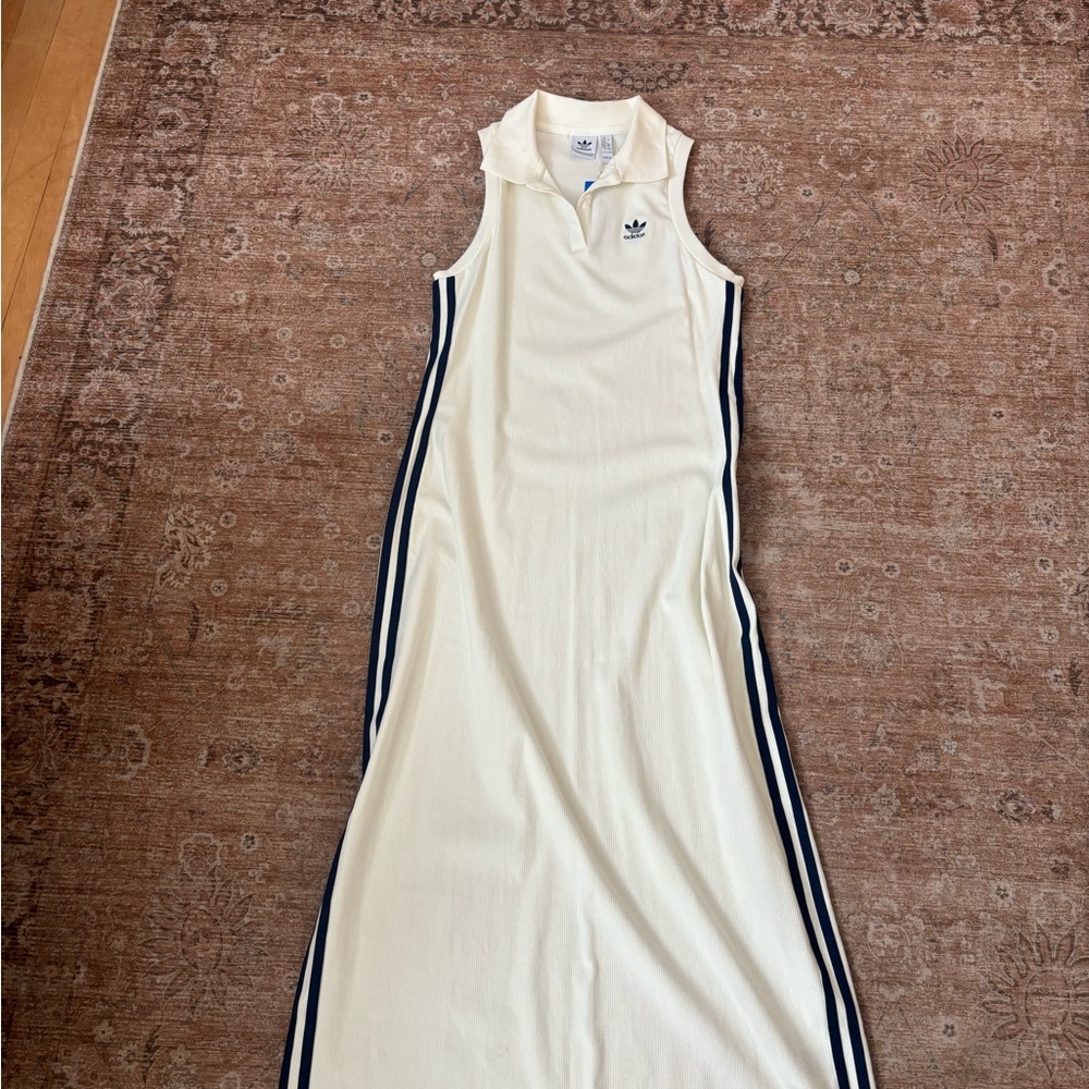 Adidas Women's Cream Polo Dress with Black Stripes